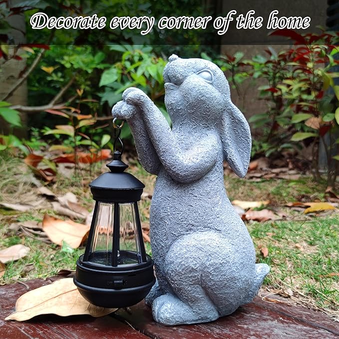 Rabbit Solar Garden Outdoor Statues,Resin Rabbit Figurine Decorations with Solar Lights Lantern, Outdoor Resin Bunny Decor for Lawn,Yard, Unique Housewarming Gift for Garden Home