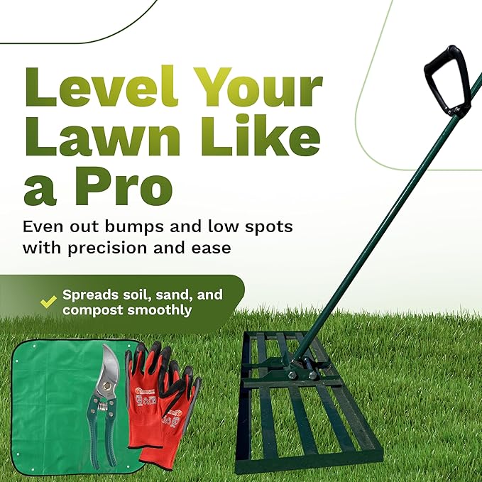 Lawn Leveling Rake 30x10 inch, Anti Flip - Heavy Duty Leveling Tool, Steel Handle, and Rake Head– Includes Gloves, Planting Mat, and Garden Shears – Yard Leveler for Lawn Garden, Soil, Sand, and Grass