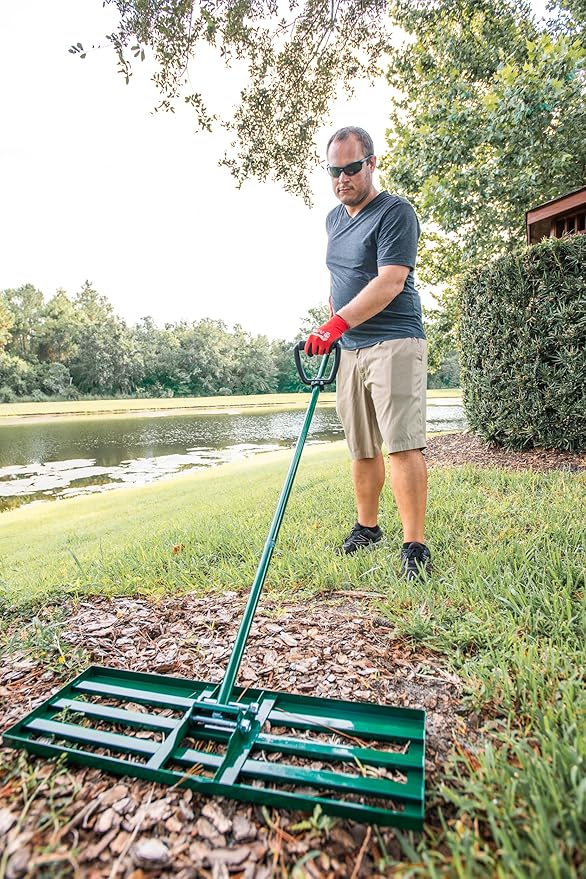 Lawn Leveling Rake 30x10 inch, Anti Flip - Heavy Duty Leveling Tool, Steel Handle, and Rake Head– Includes Gloves, Planting Mat, and Garden Shears – Yard Leveler for Lawn Garden, Soil, Sand, and Grass