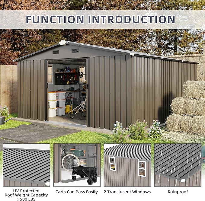 10x12 FT Outdoor Storage Shed, Extra Large Metal Shed with Lockable Doors,Vent & 2 Windows, All-Weather Tool Shed Storage House for Backyard,Garden,Patio, Lawn, Brown