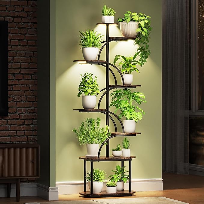 Plant Stand with Grow Light, Sturdy 61" Tall Plant Shelf Indoor, 8 Tiered Plant Shelves with Grow Lights, Large Indoor Plant Stands for Multiple Plants, Black Oval Display Rack for Home Decor