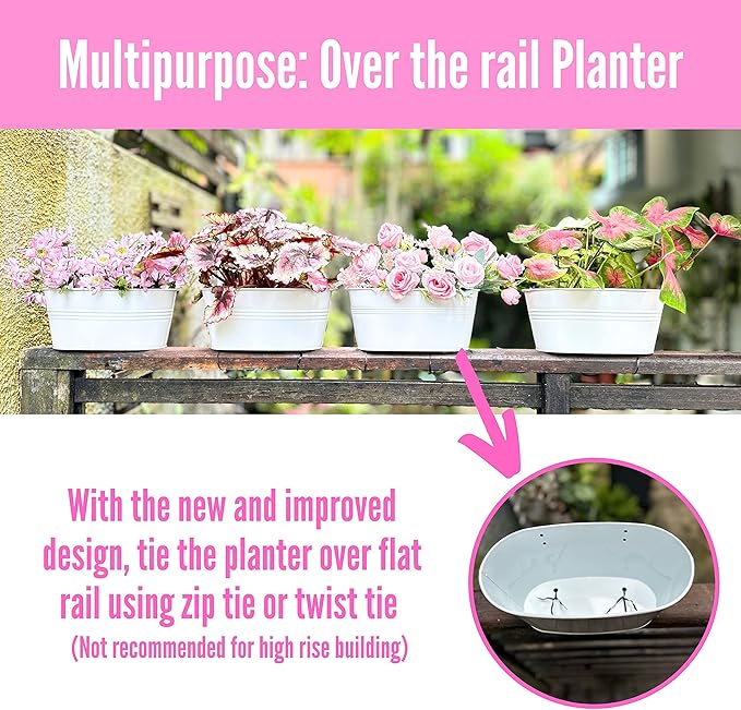 LaLaGreen Rail Planter Outdoor Plant (3 Pack, 11.8 Inch) White Metal Iron Hanging Flower Pot Deck Railings Fence Buckets Modern Countryside Boho Style Wall Mount Window Box Holder Hooks Porch Decor