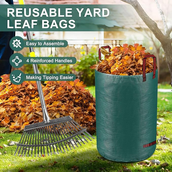 Adjustable Garden Leaf Rake Set, 18" Wide, 25 Tines, 37-79" Handle Metal Leaf Rake with 2 Pack 32 Gallons Leaf Bags and Scoops. Heavy Duty Graden Rakes Set for Lawn, Grass, Shrubs, Flower Beds