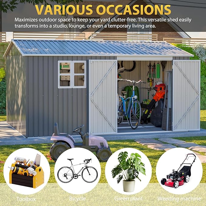 12x10 FT Outdoor Storage Shed,Metal Shed W/Window & Floor Frame,Garden Tool House W/Sloped Roof,Lockable Doors & Air Vents,for Backyard Patio Lawn,Gray