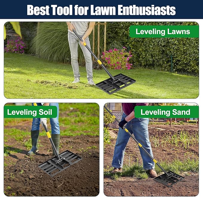72" Heavy Duty Lawn Leveling Rake - 17x10in Stainless Steel Grading Tool with Ergonomic Adjustable Handle | Professional Grass Soil Leveler for Golf Courses, Backyards & Sports Fields