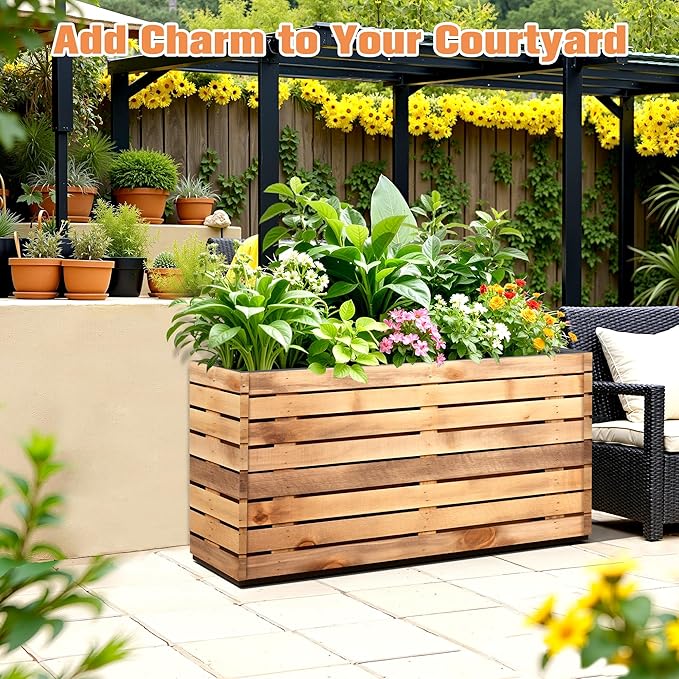 FENCY Large Metal Planter, Large Rectangular Planters for Outdoor Plants, Tall Outdoor Planters for Porch Patio, 32" L x 15" W x 16.3" H Walnut Finish Metal Planter with Drainage Hole
