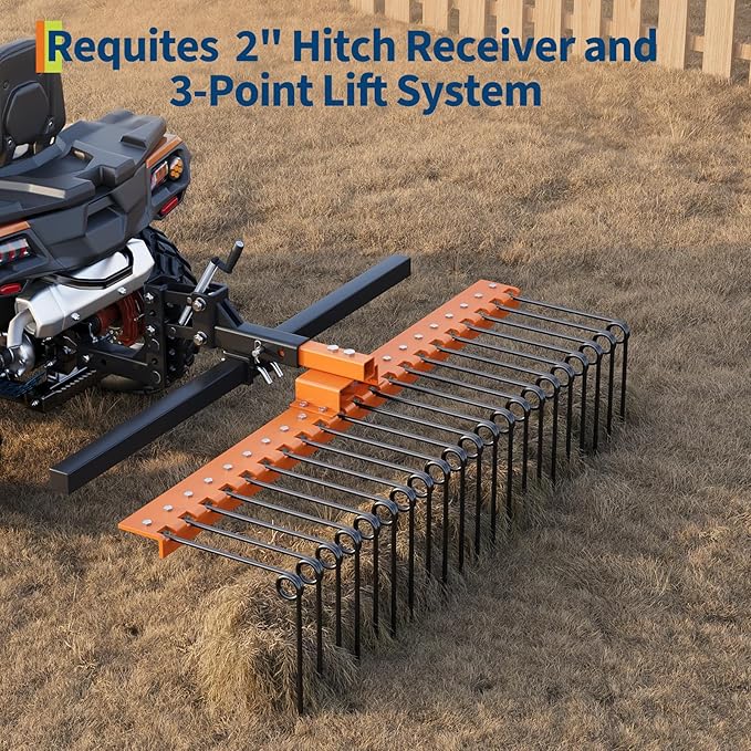 48 in Durable Pine Straw Rake Steel Spring Landscape Rake Fits 2 in Receiver for Lawn Tractors or ATV/UTV, Orange
