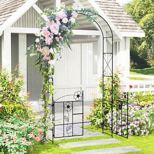 Moccha Garden Arbor, 90" Metal Arbor Trellis for Climbing Plants, Rose, Ivy, Outdoor Archway Pergola with Lockable Gate, 4 Ground Stakes, Garden Arch for Lawn Patio Bridal Party Pathway Ceremony