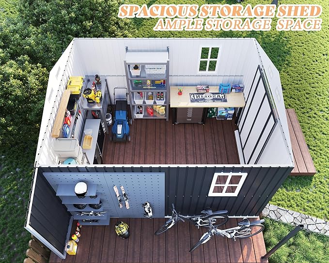 AMERLIFE 10.6x10.3x6.3 FT Galvanized Metal Storage Shed with Open Firewood Storage Area, Sliding Doors & Ramp, 2 Windows & Vents, Weather-Resistant Outdoor Tool/Yard Shed, Dark Gray