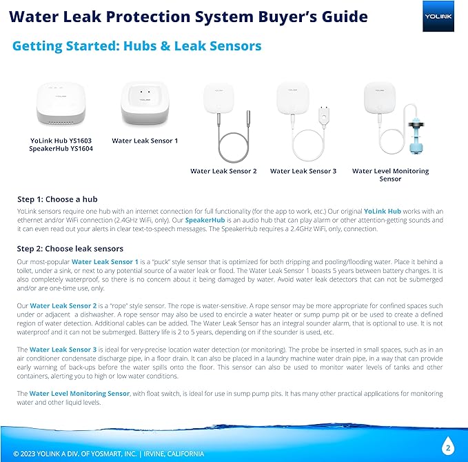 YoLink Water Leak Detection Starter Kit, w/SpeakerHub Audio/Talking Hub & Water Leak Sensors, LoRa Up to 1/4 Mile Open-Air Range, SMS/Text, Email & Push Notifications, w/Alexa, IFTTT, Home Assistant