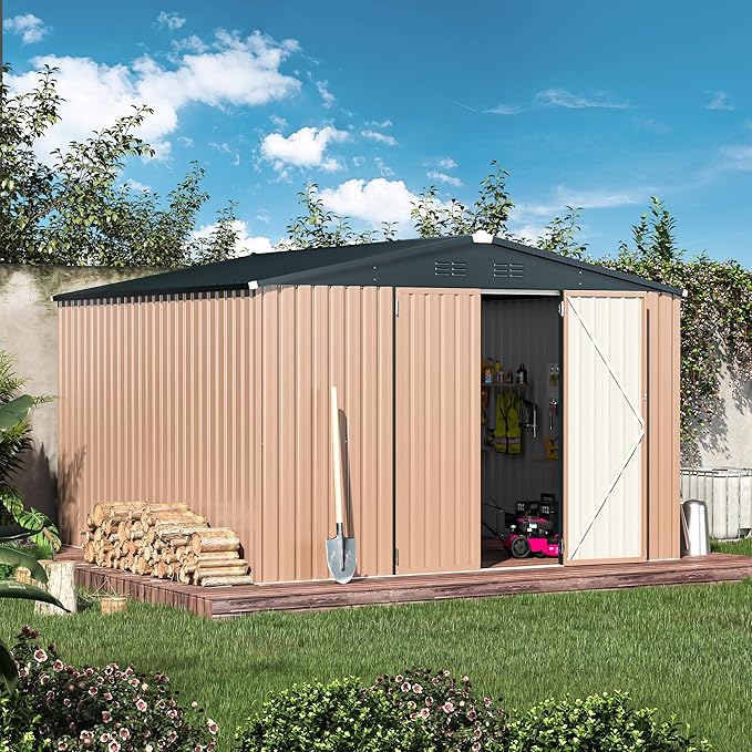 U-MAX 10' x 10' Shed Outdoor Storage Shed Clearance, Metal Garden Large Yard Steel Shed with Design of Lockable Doors, Tool and Utility Storage for Backyard, Garden, Patio, Outside use