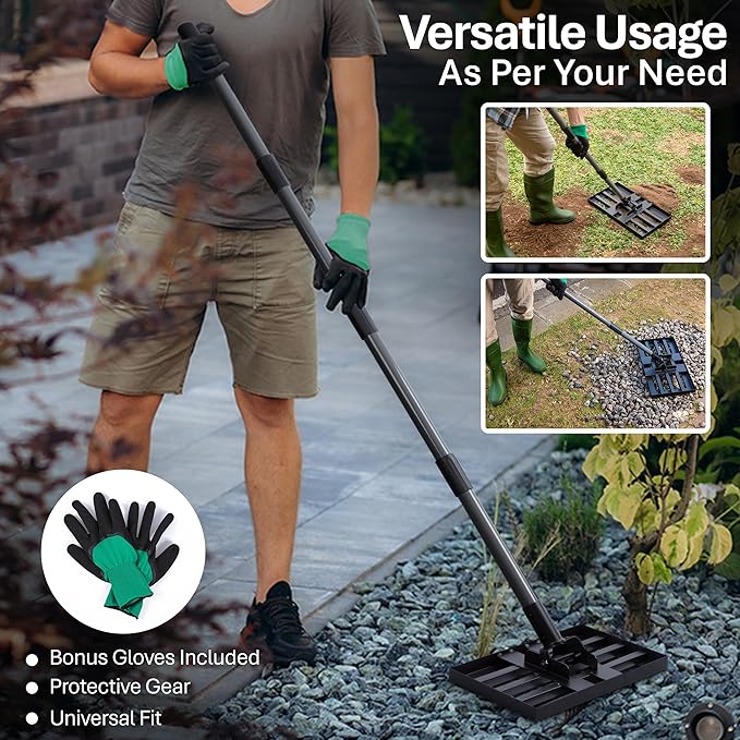 Lawn Leveling Rake with Work Gloves - Heavy-Duty Yard Leveling Rake - 17" X 10" Lawn Leveler Rake with 6.5ft Adjustable Pole - Quick to Assemble Rakes for Lawns and Garden
