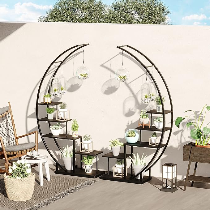 5 Tier Metal Plant Stand Indoor, 67.25“ Tall Half Moon Shape Multiple Stand Holder Shelf Planter Display, Hanging Shelf Flower Stand Ladder for Patio Garden Living Room, Black Set of 2