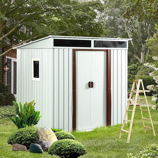 Favfurish 6×5 FT Outdoor Galvanized Metal Storage Shed Large Garden Sheds W/Sliding Doors and Padlock,Rust and Waterproof,with Window and Punched Vents,Tool-Sheds for Backyard,Lawn,White