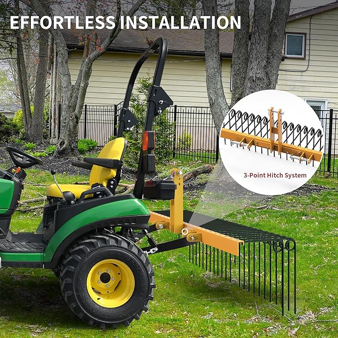 YITAMOTOR 60" Tow Behind Landscape Rake, 3 Point Quick Hitch Lawn Dethatcher Rakes with 26 Steel Tines for Category 1 Tractors, Heavy Duty Powder Coated Finish Tools for Leaves, Pine Needles, Straw