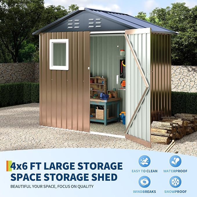 6x4 FT Metal Storage Shed with Window– Outdoor Utility Shed with Lockable Door & Air Vent, Garden/Yard Shed Kit for Backyard Patio Lawn