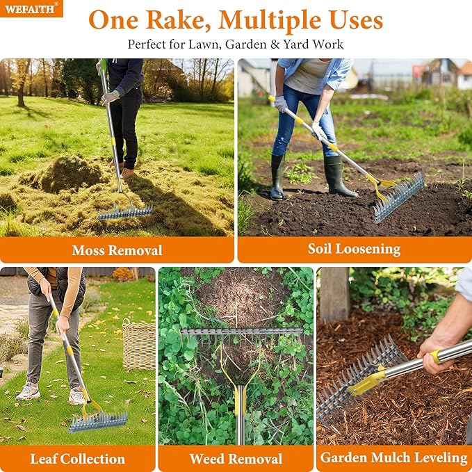Thatch Rake for Lawns - 15in Dual-Action Dethatching Thatcher Rakes with 55'' Handle,Heavy Duty Manual Dethatcher & Scarifier Tool for Dead Grass,Moss,Weeds,Thatching Remover,Garden Yard Care Rake