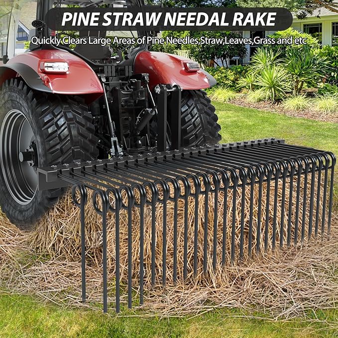 72 Inch Pine Straw Needle Rake, 3 Point Landscape Rake, Powder Coated Steel Spring Tow Behind Rakes, Tractor Attachments for Leaves Straw Grass Attach to Cat 0 Cat 1, Black