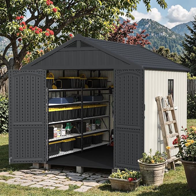 Devoko 8 x 10 FT Plastic Outdoor Storage Shed with Floor, Garden Resin Tool Sheds with DIY Window and Lockable Door, Beige Kick-it Shed for Patio, Backyard, Lawn