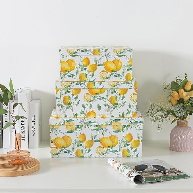 Soul & Lane Decorative Cardboard Storage Boxes with Lids for Home Decor and Organization, Set of 3 Large Keepsake Boxes for Memories & Gifts, Nesting Floral Photo Storage Containers, Zesty Lemons
