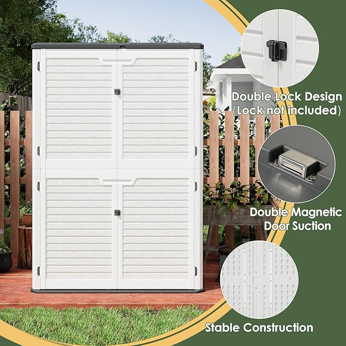 KAMABOKO Outdoor Storage Cabinet 61 Cu.Ft Outdoor Trash Can Storage Shed Waterproof Horizontal Storage Shed Outdoor Storage for Backyard, Patio, Poolside (White)