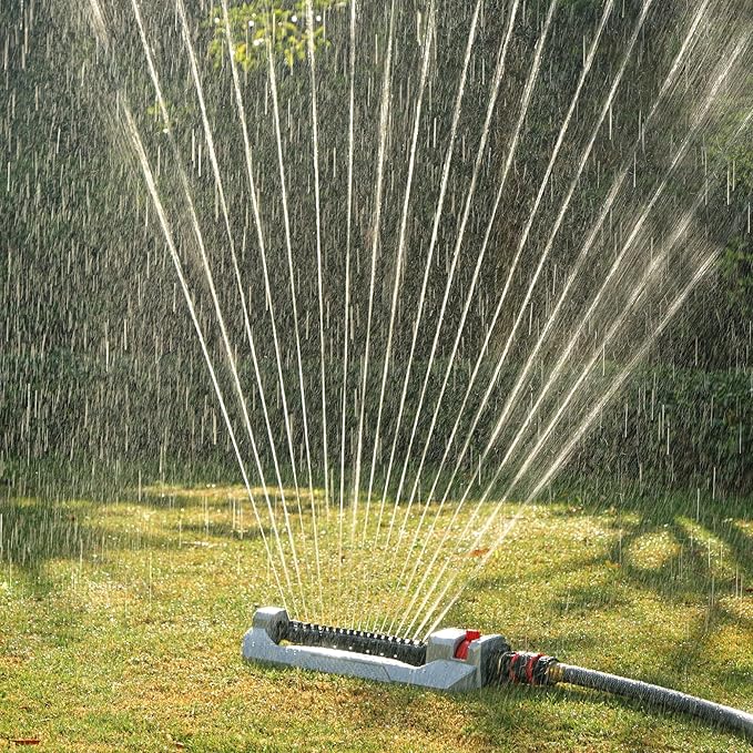 Eden 94110 Heavy Duty Metal Oscillating Sprinkler, Covers Up to 3,315 sq. ft., 18 Precision Nozzles, Adjustable Range, Quick Connect Bundle, Silver, Red, Black
