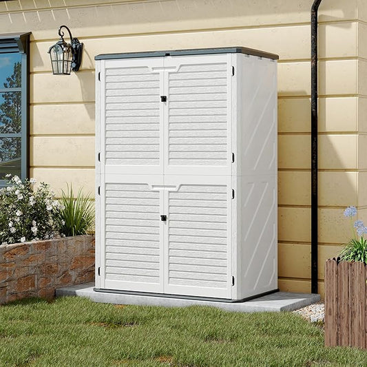 KAMABOKO Outdoor Storage Cabinet 61 Cu.Ft Outdoor Trash Can Storage Shed Waterproof Horizontal Storage Shed Outdoor Storage for Backyard, Patio, Poolside (White)