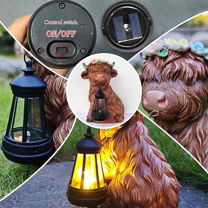 Garden Highland Cow Statue Solar Outdoor Decor with Flower Decoration，Funny Triple Highland Cow Decor Birthday Gifts for Women Mom，Highland Cows Figurine for Yard Garden Patio Lawn Ornaments