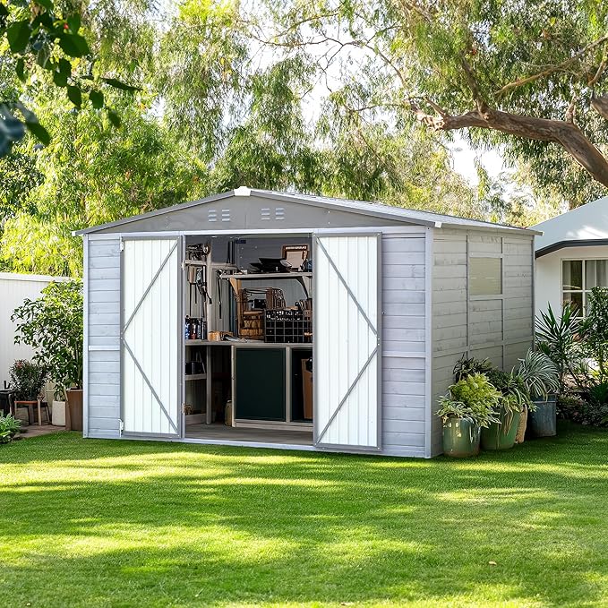 8x10 FT Outdoor Wood Storage Shed, Garden Tool Shed with Windows, Outside Storage Shed Waterproof for Backyard, Garden, Patio, 4 Vents (Without Floor) Gray