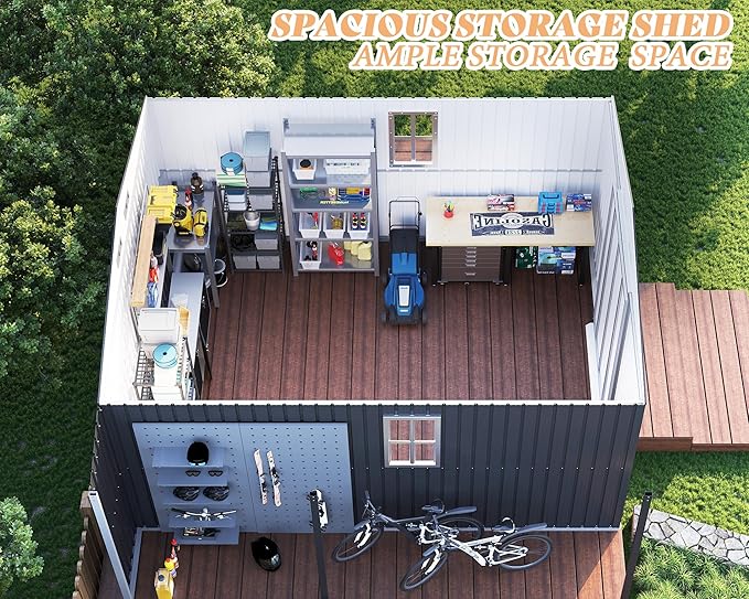 AMERLIFE 12x12x6.6 FT Galvanized Metal Storage Shed with Open Firewood Bay, Sliding Doors & Ramp, 2 Windows & Vents, Weather-Resistant Outdoor Tool/Garden Shed, Dark Grey/White
