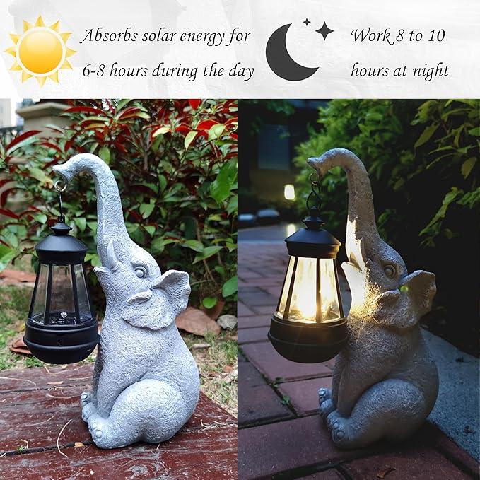 Elephant Solar Garden Statues,Resin Elephant Figurine Decorations with Solar Lights Lantern, Outdoor Garden Decor Art for Lawn,Yard, Unique Housewarming Gift for Garden Home