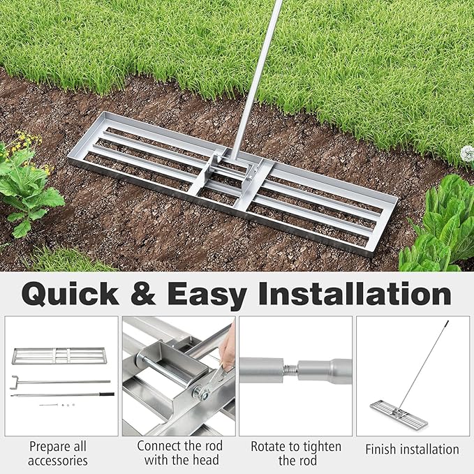 42" x 10" Lawn Leveling Rake, Heavy Duty Landscape Rake with 67" Handle, Non-Slip Grip & Flat Head, Space-Saving Lawn Level Tool for Garden, Backyard, Golf Course & Sports Field(Silver)