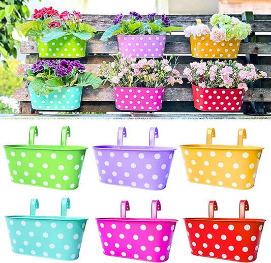 LaLaGreen Outdoor Hanging Planter (11.2 Inch, 6 Pack) Light Purple, Green, Yellow, Cadet Blue, Dark Pink, Red Metal Iron Colorful Window Boxes Polka Dot Flower Pot Deck Railings Fence Rail Porch Decor