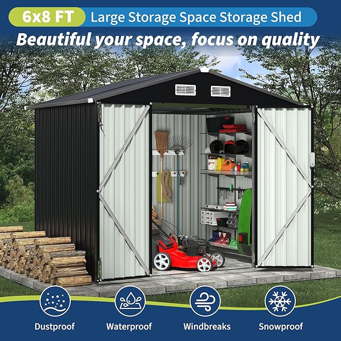 6x8 FT Metal Storage Sheds Outdoor, MetalTool Shed with Lockable Door, MetalYard Sheds Garden Shed Kit, Metal UtilitySheds Buildings with Air Vent for Backyard Garden Patio Lawn