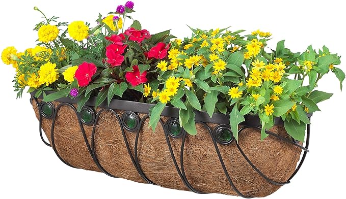 Arcadia Garden Products Hanging Window Basket Metal Trough Flower Planter with Coco Liner for Outdoor Windowsill, Railing, Patio, Garden, Balcony, Fence, 24-inch