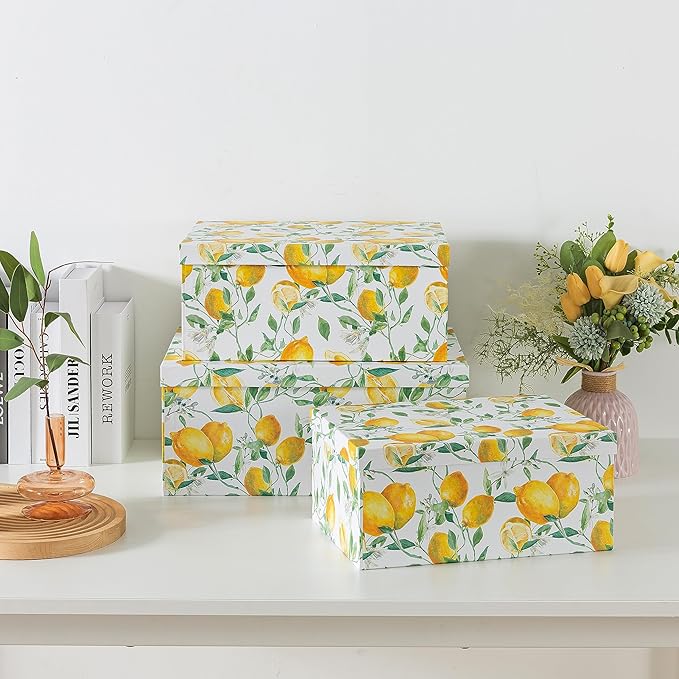 Soul & Lane Decorative Cardboard Storage Boxes with Lids for Home Decor and Organization, Set of 3 Large Keepsake Boxes for Memories & Gifts, Nesting Floral Photo Storage Containers, Zesty Lemons