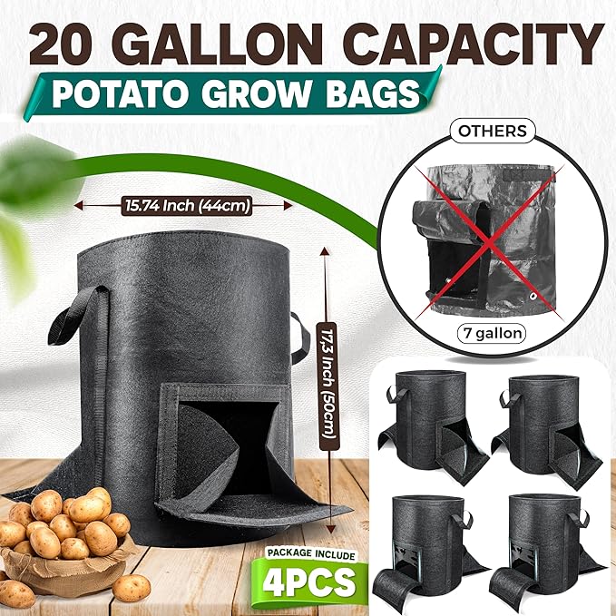 [Upgraded] 4PCS 20-Gallon Potato Grow Bags with Unique Harvest Window, Visible Window, Garden Planting Bag with Reinforced Handle, Nonwoven Fabric Pots for Tomato, Potato Growing Container - Black