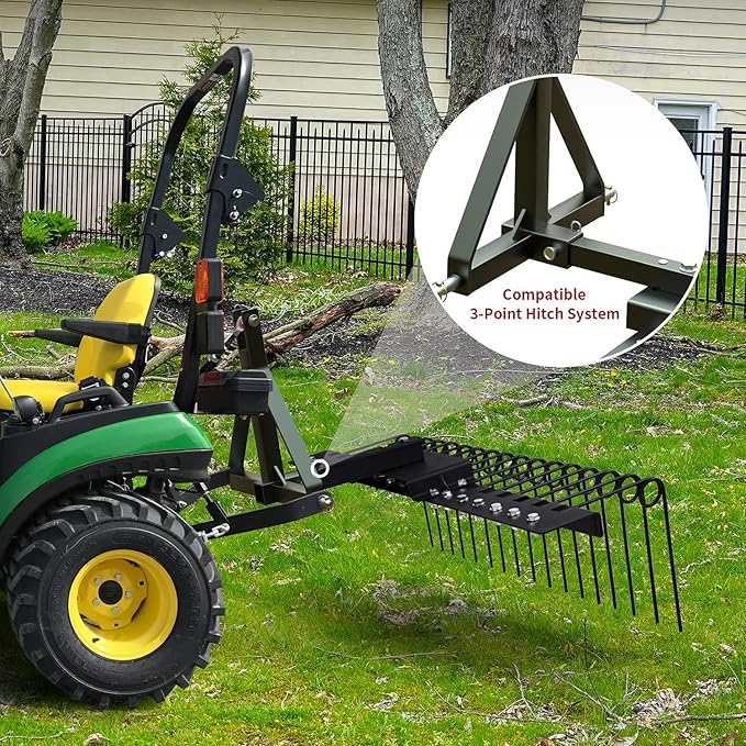 48" Durable Pine Straw Rake Steel Spring Landscape Rake Fits 2" Receiver for Lawn Tractors or ATV/UTV Black