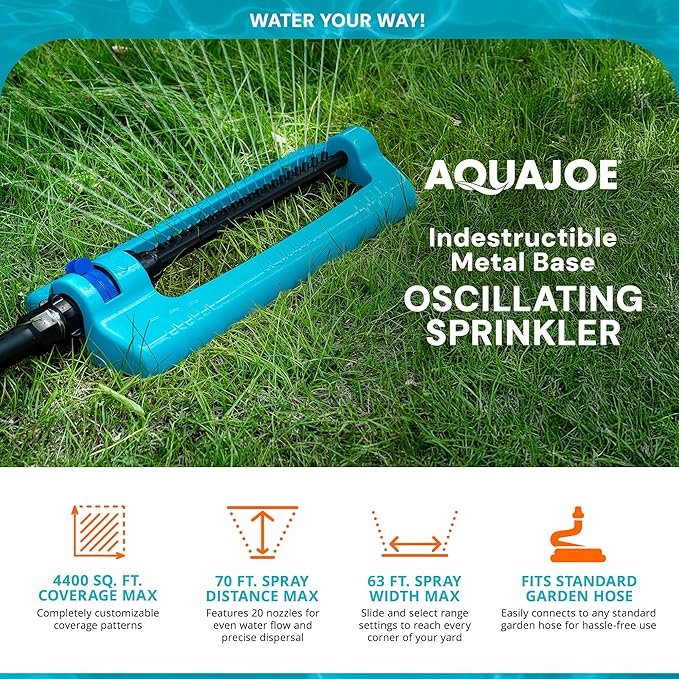 Aqua Joe SJI-OMS20 Jumbo Oscillating Sprinkler with Adjustable Spray and Metal Base, Up to 4,400-Square-Foot Coverage, 70-Foot Spray Distance, 63-Foot Spray Width