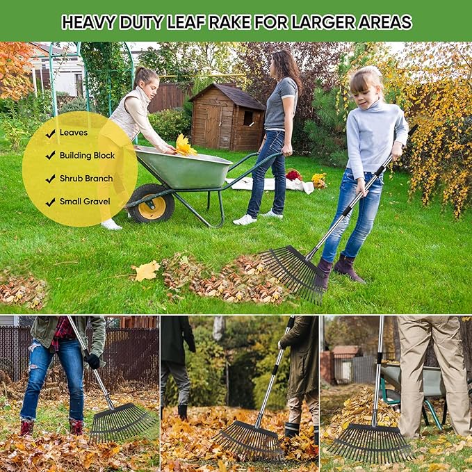 Rake Heavy Duty 6FT Long Garden Rake , 18.5 Inch Wide, 25 Metal Tines, Adjustable Stainless Steel Handle, Leaf Rakes for Leaves, Yards, Grass, Garbage, Weeds, Debris (Black)