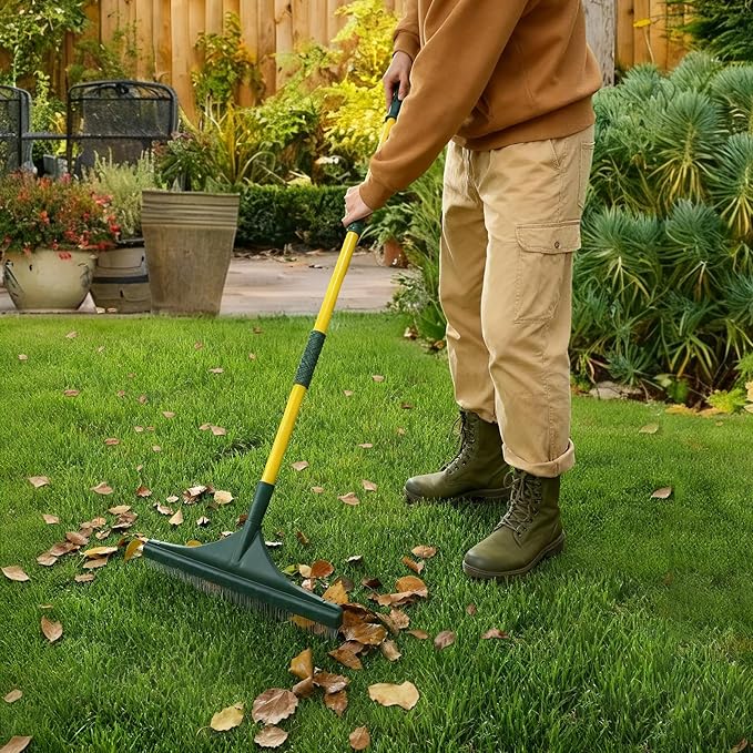 Artificial Turf Rake with Steel Telescopic Handle, 32 to 55 Inch 3 Piece-Pole Easy Storage Design, Garden Hand Boom Rake for Artificial Grass, Carpet Pet Hair, Lawn Leaves and Debris Remove, Yellow