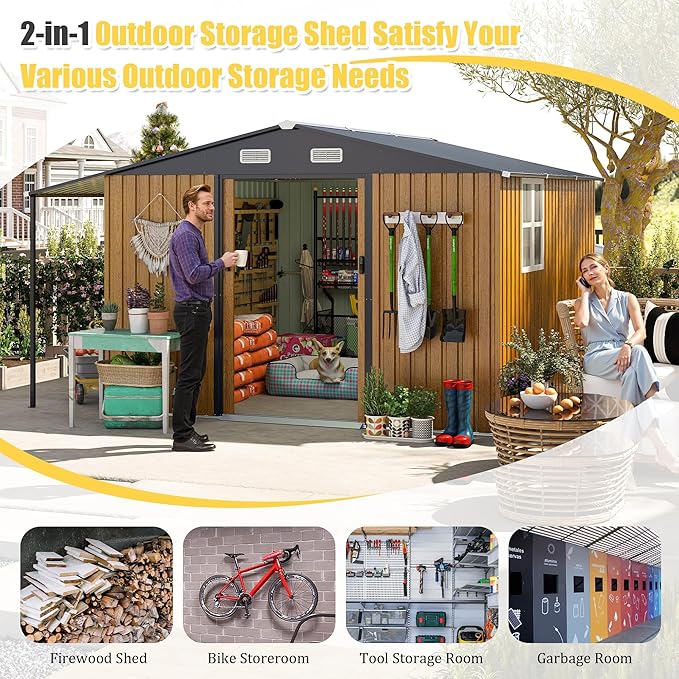 10x12 FT Outdoor Storage Shed,Extra Large Metal Garden Tool Shed with Lockable Doors,Windows & Air Vents,Dual-Zone Design Outside Steel Tiny House for Backyard, Patio Lawn,Yellow