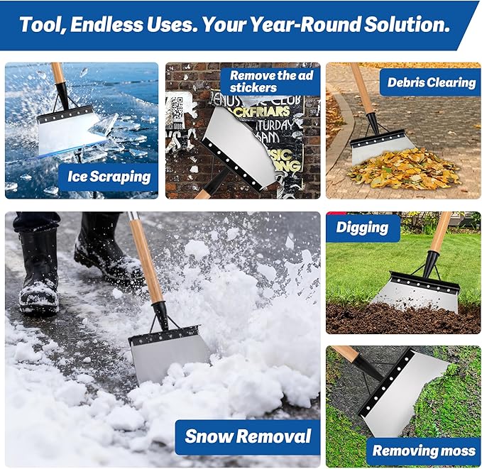 Snow Shovel with 47.24" Long Handle, 9.25" Widened Garden Flat Shovel Ergonomic Auxiliary Handle for Weeding, Lawn Edging, Snow Removal, Ice Scraping-Tool-Free Assembly&Storage