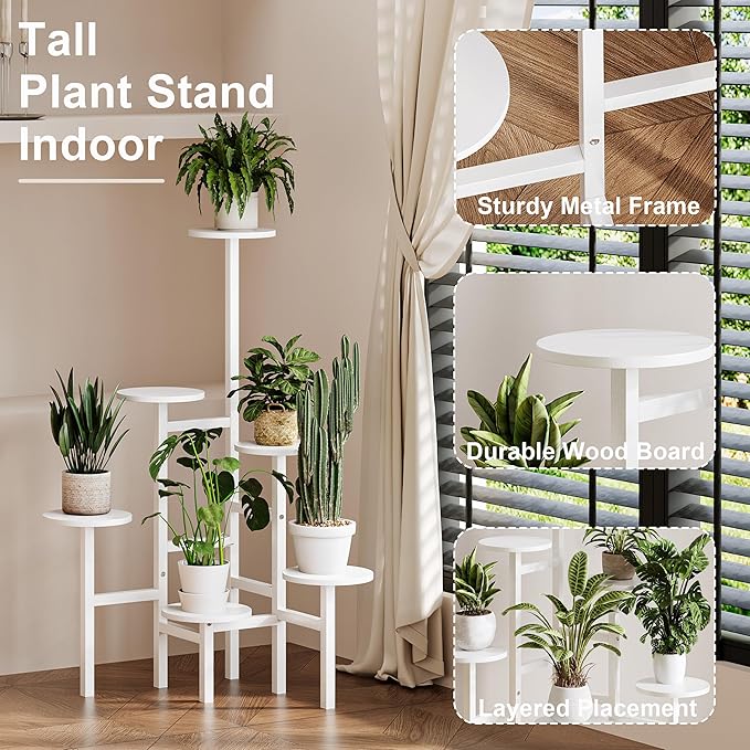 6 Tier Corner Plant Stand Indoor Outdoor, Tall Large Plant Shelf for Multiple Plants, Tiered Flower Pot Holder, Metal Display Plant Shelves for Living Room, Balcony, Patio, Garden(White)GPS514W