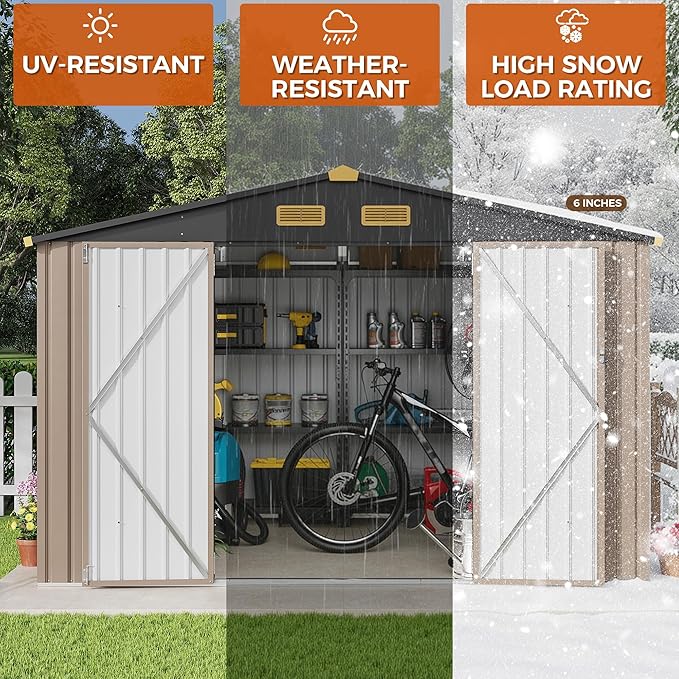 IRONCK 10x8FT Outdoor Storage Shed with Breathable Vent, Galvanized Steel Metal Tool Shed with Lockable Doors for Yard Bins/Generator/Wheelbarrow Garden Storage, Brown