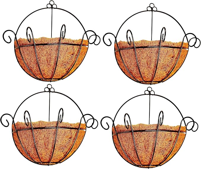 Shoplala Wall Planters for Outdoor Plants (4 Pack, 10 Inch) Metal Black Wire Flower Baskets with Coco Liner, Fence Hanging Planter Balcony Over Deck Porch Railing Rail Patio Modern Herb Outside Garden