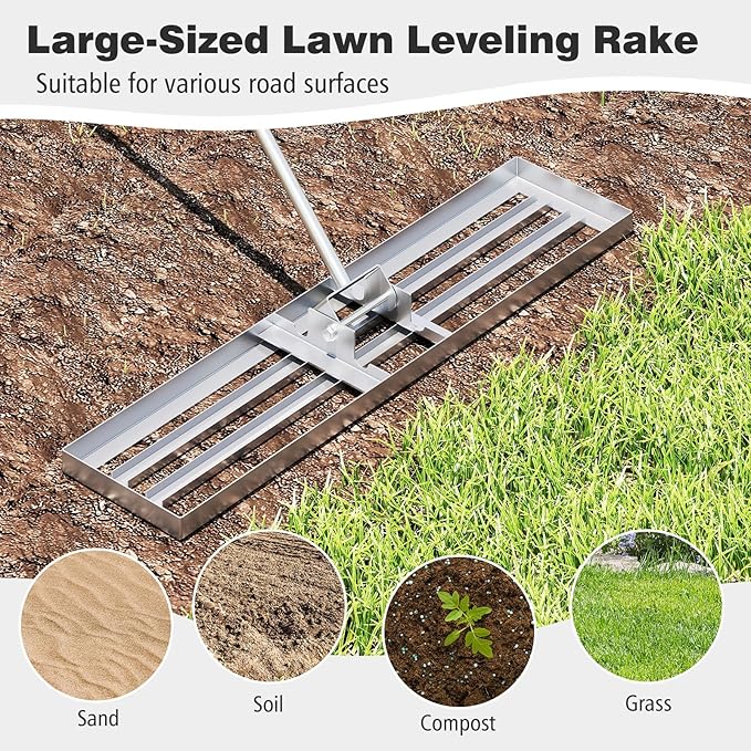 42" x 10" Lawn Leveling Rake, Heavy Duty Landscape Rake with 67" Handle, Non-Slip Grip & Flat Head, Space-Saving Lawn Level Tool for Garden, Backyard, Golf Course & Sports Field(Silver)