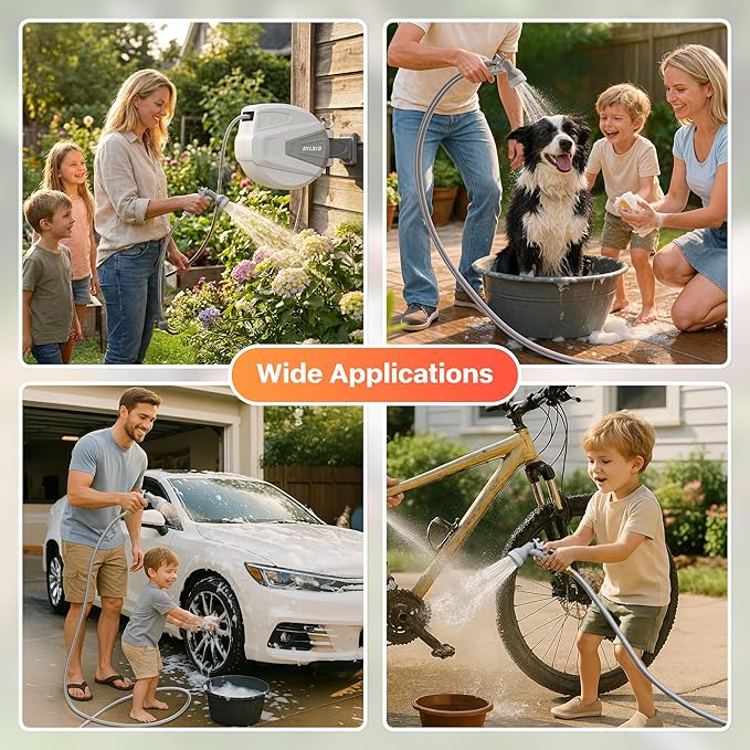 Ayleid Retractable Garden Hose Reel,1/2 in x 100 ft Wall Mounted Hose Reel, with 9- Function Sprayer Nozzle, Any Length Lock/Slow Return System/Wall Mounted/180°Swivel Bracket (Grey)