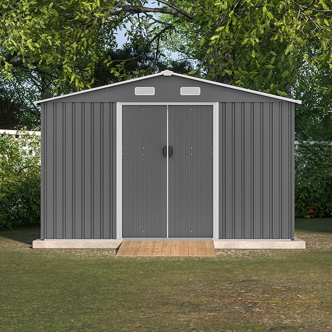10X8 FT Outdoor Storage Shed W/Lockable Sliding Doors,Metal Shed W/Sloped Roof & Air Vents,All Weather Garden Tool House for Backyard Patio Lawn,Gray