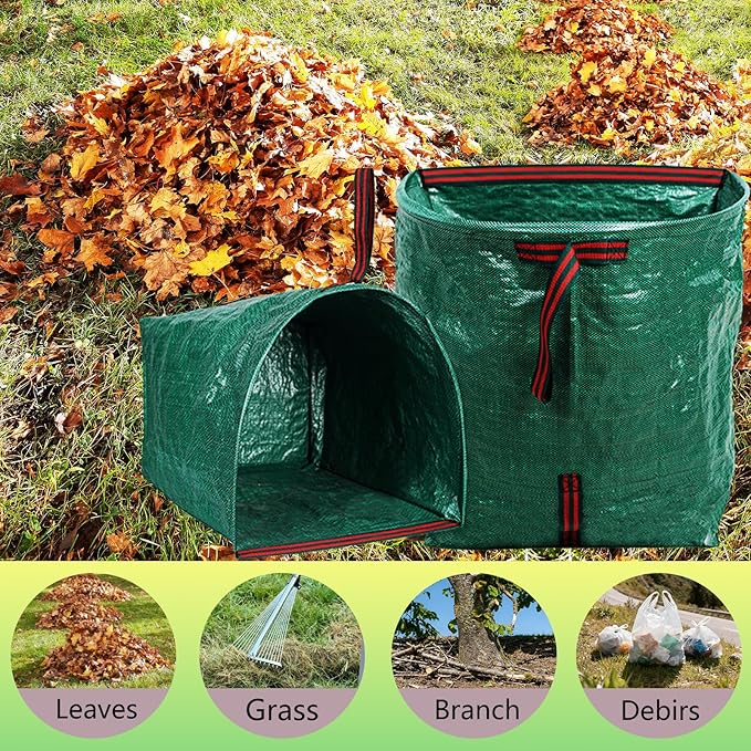 Rake for Leaves, Adjustable Small Leaf Rakes for Lawns, 53 Gallon Reusable Yard Waste Bags with Reinforced Carry Handles, Metal Leaf Rake for Yard, Gardening Outdoor Camping Grass Weed